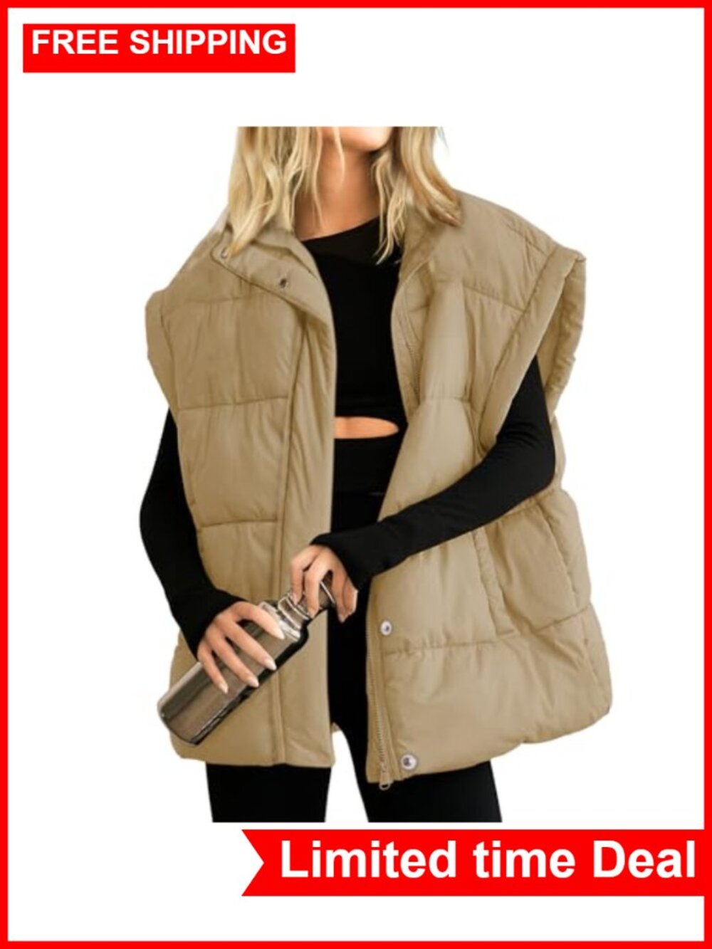 Oversized Quilted Puffer Vest Full Zip Sleeveless Lightweight Padded Warm Coat